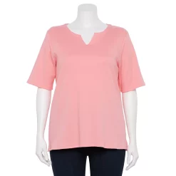 Plus Size Croft & Barrow® Three Quarter Sleeve Splitneck Top -Outlet Croft & Barrow Store 5501050 Flamingo Pink