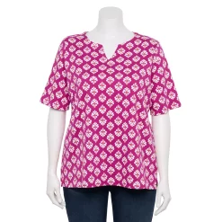 Plus Size Croft & Barrow® Three Quarter Sleeve Splitneck Top -Outlet Croft & Barrow Store 5501050 Fuchsia Flower Tile