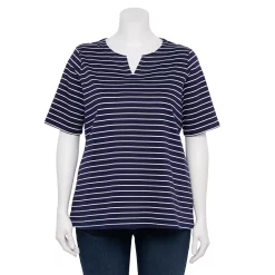 Plus Size Croft & Barrow® Three Quarter Sleeve Splitneck Top -Outlet Croft & Barrow Store 5501050 Navy White Stripe