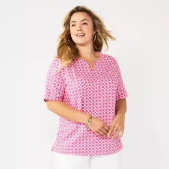 Plus Size Croft & Barrow® Three Quarter Sleeve Splitneck Top -Outlet Croft & Barrow Store 5501050 Pink Flower Geo