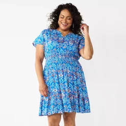Plus Size Croft & Barrow® Smocked Waist Challis Dress -Outlet Croft & Barrow Store 5510668 Blue Peach Floral
