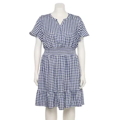 Plus Size Croft & Barrow® Smocked Waist Challis Dress -Outlet Croft & Barrow Store 5510668 Navy White Gingham