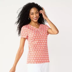 Women's Croft & Barrow® Henley Top -Outlet Croft & Barrow Store 5511255 Coral White Boho Geo