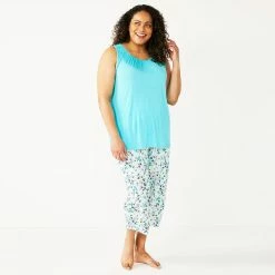 Plus Size Croft & Barrow® Pajama Tank & Pajama Capri Pants Sleep Set -Outlet Croft & Barrow Store 5514266 Aqua Floral