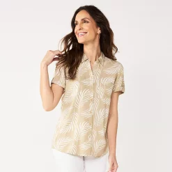 Women's Croft & Barrow® Challis Camp Shirt -Outlet Croft & Barrow Store 5514552 Beige Tropical Leaf