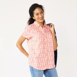 Women's Croft & Barrow® Challis Camp Shirt -Outlet Croft & Barrow Store 5514552 Coral Pineapple