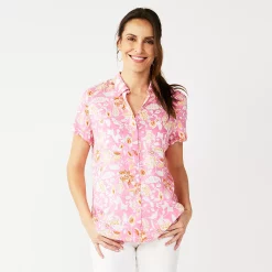 Women's Croft & Barrow® Challis Camp Shirt -Outlet Croft & Barrow Store 5514552 Pink Leaf