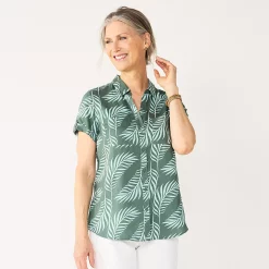 Women's Croft & Barrow® Challis Camp Shirt -Outlet Croft & Barrow Store 5514552 Teal Tropical Leaf