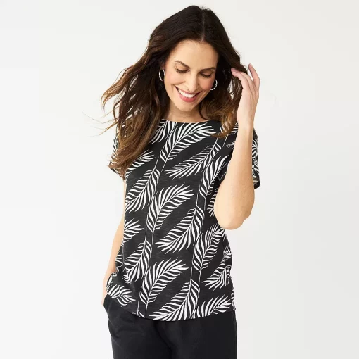 Women's Croft & Barrow® Button-Accent Scoopneck Tee -Outlet Croft & Barrow Store 5516366 Black Tropical Leaf