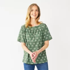 Women's Croft & Barrow® Squareneck Puff-Sleeve Top -Outlet Croft & Barrow Store 5533229 Green Boho Geo