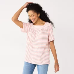 Women's Croft & Barrow® Squareneck Puff-Sleeve Top -Outlet Croft & Barrow Store 5533229 Mauve Thin Stripe