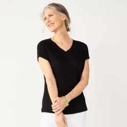 Women's Croft & Barrow Lace Trim Linen-Blend Tee -Outlet Croft & Barrow Store 5538148 Black