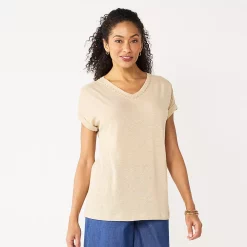 Women's Croft & Barrow Lace Trim Linen-Blend Tee -Outlet Croft & Barrow Store 5538148 Khaki