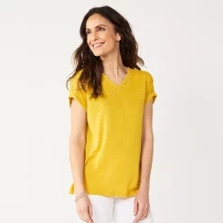 Women's Croft & Barrow Lace Trim Linen-Blend Tee -Outlet Croft & Barrow Store 5538148 Yellow Gold