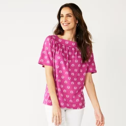 Petite Croft & Barrow® Squareneck Puff-Sleeve Top -Outlet Croft & Barrow Store 5554427 Fuchsia Boho