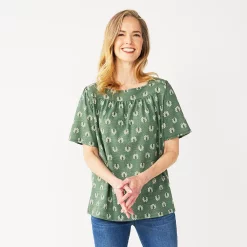 Petite Croft & Barrow® Squareneck Puff-Sleeve Top -Outlet Croft & Barrow Store 5554427 Green Boho Geo