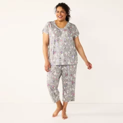 Plus Size Croft & Barrow® Short Sleeve Pajama Top & Capri Pajama Pants Sleep Set -Outlet Croft & Barrow Store 5555607 Dark Gray Floral
