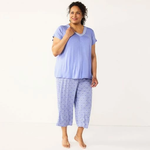 Plus Size Croft & Barrow® Short Sleeve Pajama Top & Capri Pajama Pants Sleep Set -Outlet Croft & Barrow Store 5555607 Dash Purple Geo