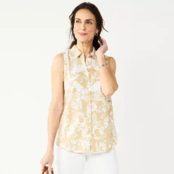 Petite Croft & Barrow® Sleeveless Linen Blend Shirt -Outlet Croft & Barrow Store 5562872 Beige Floral