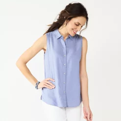 Petite Croft & Barrow® Sleeveless Linen Blend Shirt -Outlet Croft & Barrow Store 5562872 Chambray