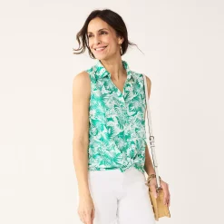 Petite Croft & Barrow® Sleeveless Linen Blend Shirt -Outlet Croft & Barrow Store 5562872 Teal Palm