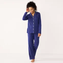 Women's Croft & Barrow® Long Sleeve Pajama Shirt & Pajama Pants Sleep Set -Outlet Croft & Barrow Store 5567537 Navy Dots