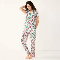 Women's Croft & Barrow® Short Sleeve Pajama Shirt & Pajama Pants Sleep Set -Outlet Croft & Barrow Store 5567538 White Pink Floral