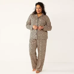 Plus Size Croft & Barrow® Long Sleeve Pajama Shirt & Pajama Pants Sleep Set -Outlet Croft & Barrow Store 5567539 Tan Leopard