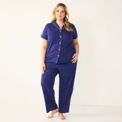 Plus Size Croft & Barrow® Short Sleeve Pajama Shirt & Pajama Pants Sleep Set -Outlet Croft & Barrow Store 5567540 Navy Dots