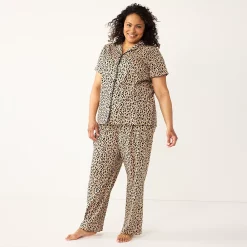 Plus Size Croft & Barrow® Short Sleeve Pajama Shirt & Pajama Pants Sleep Set -Outlet Croft & Barrow Store 5567540 Tan Leopard