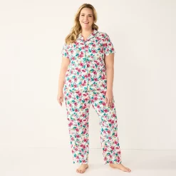 Plus Size Croft & Barrow® Short Sleeve Pajama Shirt & Pajama Pants Sleep Set -Outlet Croft & Barrow Store 5567540 White Pink Floral