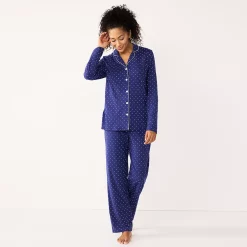 Petite Croft & Barrow® Long Sleeve Pajama Shirt & Pajama Pants Sleep Set -Outlet Croft & Barrow Store 5567542 Navy Dots