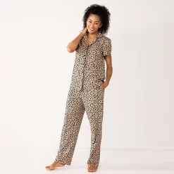 Petite Croft & Barrow® Short Sleeve Pajama Shirt & Pajama Pants Sleep Set -Outlet Croft & Barrow Store 5567543 Tan Leopard