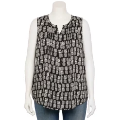 Plus Size Croft & Barrow® Pintuck Splitneck Sleeveless Top -Outlet Croft & Barrow Store 5567617 Black Pineapple