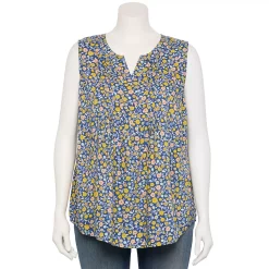 Plus Size Croft & Barrow® Pintuck Splitneck Sleeveless Top -Outlet Croft & Barrow Store 5567617 Blue Multi Floral