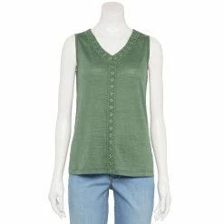 Petite Croft & Barrow® Lace-Trim V-Neck Tank -Outlet Croft & Barrow Store 5577598 Laurel Wreath