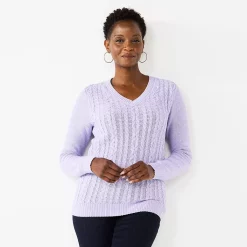 Women's Croft & Barrow® Classic V-Neck Cable Sweater -Outlet Croft & Barrow Store 5579426 Lilac