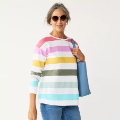 Petite Croft & Barrow® Button Shoulder Sweatshirt -Outlet Croft & Barrow Store 5579536 Multi Rugby Stripe