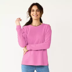 Petite Croft & Barrow® Button Shoulder Sweatshirt -Outlet Croft & Barrow Store 5579536 Orchid