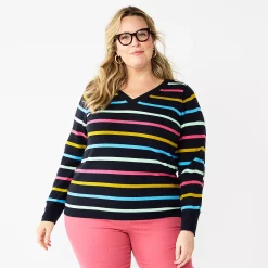 Plus Size Croft & Barrow® Extra Soft V-Neck Sweater -Outlet Croft & Barrow Store 5587888 Navy Multi Stripe