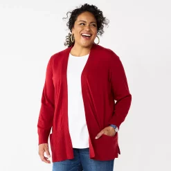 Plus Size Croft & Barrow® Classic Ribbed Open-Front Cardigan -Outlet Croft & Barrow Store 5588439 Red