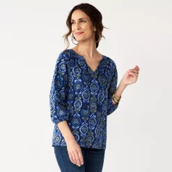 Women's Croft & Barrow® Tassel Peasant Top -Outlet Croft & Barrow Store 5590159 Navy Olive Medallion