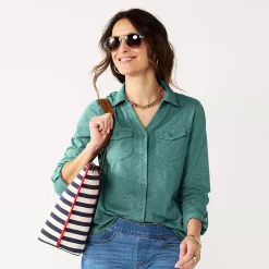 Petite Croft & Barrow® Roll-Tab Sleeve Soft Shirt 15 Petite Croft & Barrow® Roll-Tab Sleeve Soft Shirt -Outlet Croft & Barrow Store 5608143 Silver Pine