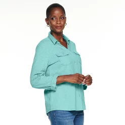 Petite Croft & Barrow® Roll-Tab Sleeve Soft Shirt 19 Petite Croft & Barrow® Roll-Tab Sleeve Soft Shirt -Outlet Croft & Barrow Store 5608143 Teal