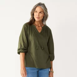 Petite Croft & Barrow® Three Quarter Sleeve Peasant Top -Outlet Croft & Barrow Store 5613942 Olive