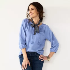 Petite Croft & Barrow® Three Quarter Sleeve Peasant Top -Outlet Croft & Barrow Store 5613942 Slate Blue