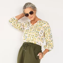 Petite Croft & Barrow® Three Quarter Sleeve Peasant Top -Outlet Croft & Barrow Store 5613942 White Olive Medallion