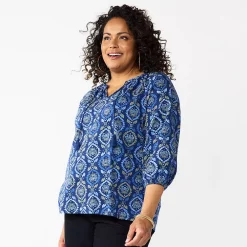 Plus Size Croft & Barrow® Three Quarter Sleeve Peasant Top -Outlet Croft & Barrow Store 5614026 Navy Olive Medallion