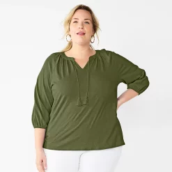 Plus Size Croft & Barrow® Three Quarter Sleeve Peasant Top -Outlet Croft & Barrow Store 5614026 Olive