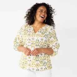 Plus Size Croft & Barrow® Three Quarter Sleeve Peasant Top -Outlet Croft & Barrow Store 5614026 White Olive Medallion